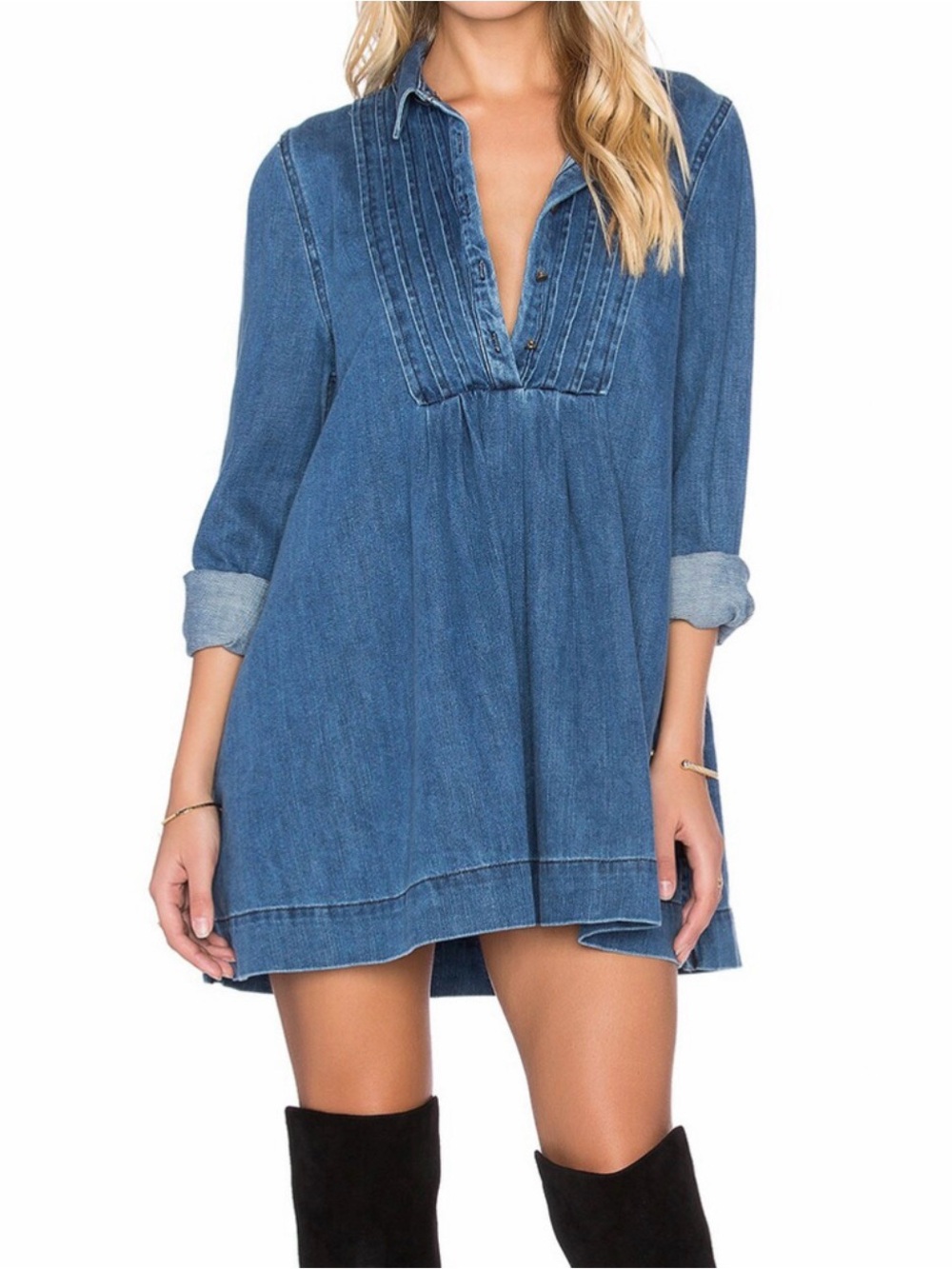 Free People Women's Blue Denim Tunic Robins Dress Top Pockets Collared Medium